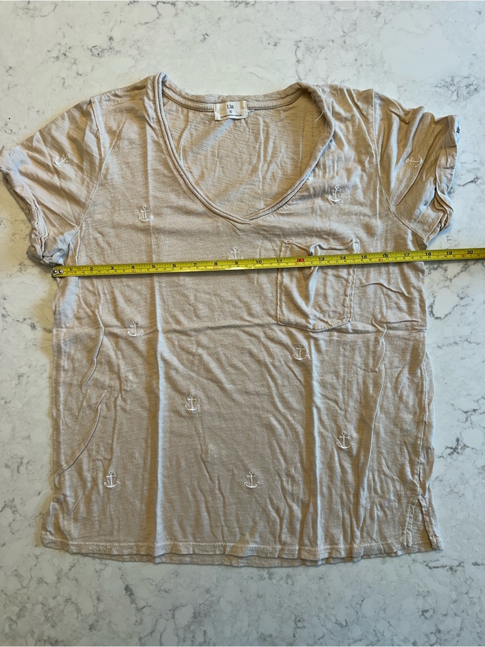 T.La Beige V-Neck Short Sleeve Tee with White Anchor Embroidery